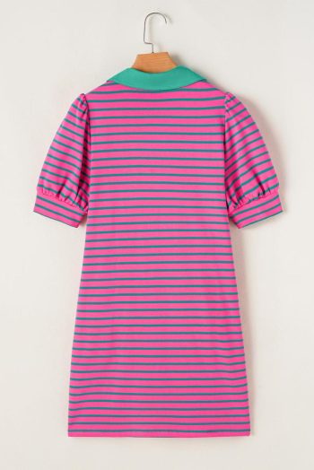 Short Dresses | Women Pink Stripe Collared Puff Sleeve Pop Of Color Neckline T Shirt Dress