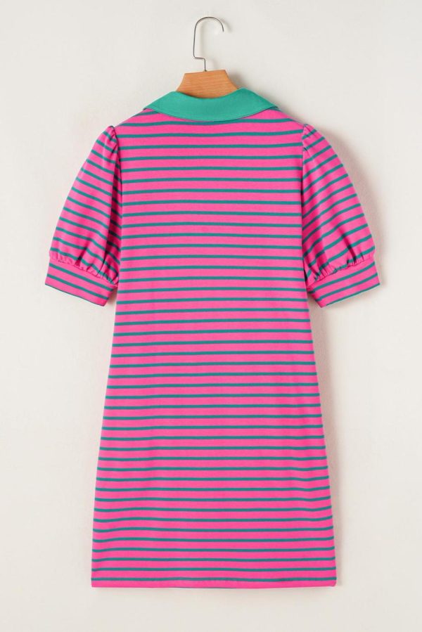 Short Dresses | Women Pink Stripe Collared Puff Sleeve Pop Of Color Neckline T Shirt Dress