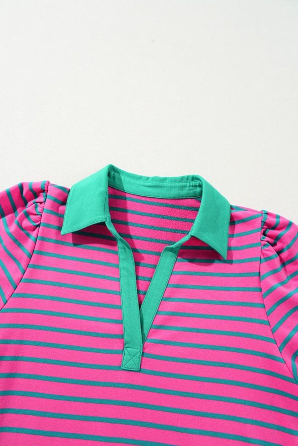 Short Dresses | Women Pink Stripe Collared Puff Sleeve Pop Of Color Neckline T Shirt Dress - Image 2