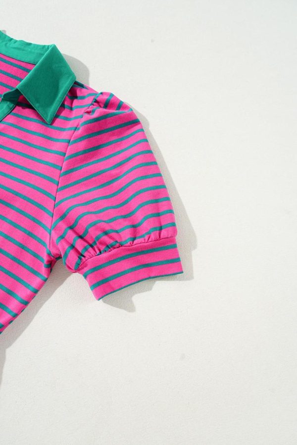 Short Dresses | Women Pink Stripe Collared Puff Sleeve Pop Of Color Neckline T Shirt Dress - Image 3