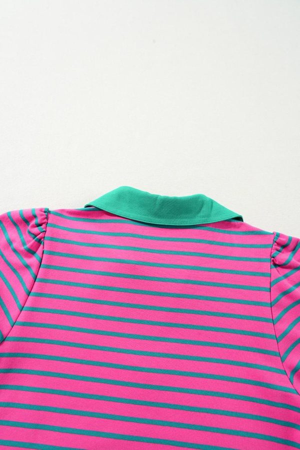 Short Dresses | Women Pink Stripe Collared Puff Sleeve Pop Of Color Neckline T Shirt Dress - Image 4