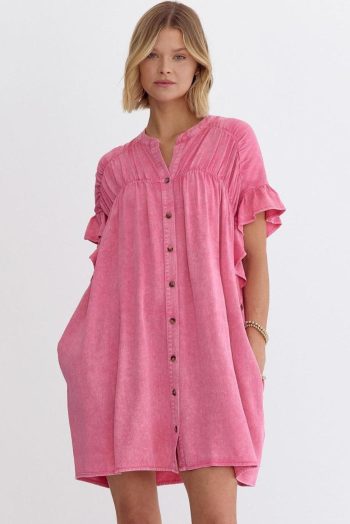Short Dresses | Women Pink Washed Ruffle Short Sleeve Ruched Denim Mini Dress