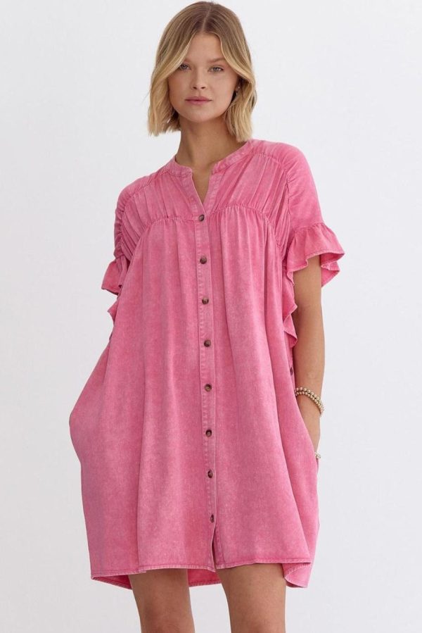 Short Dresses | Women Pink Washed Ruffle Short Sleeve Ruched Denim Mini Dress