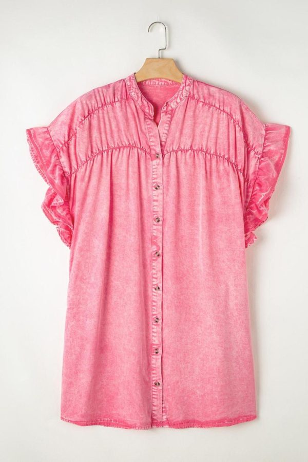 Short Dresses | Women Pink Washed Ruffle Short Sleeve Ruched Denim Mini Dress - Image 2