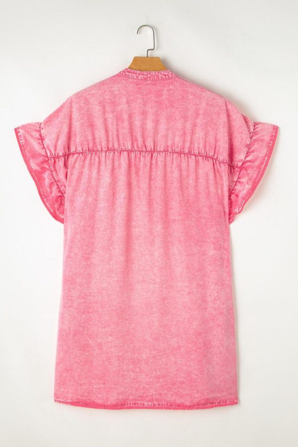 Short Dresses | Women Pink Washed Ruffle Short Sleeve Ruched Denim Mini Dress - Image 3
