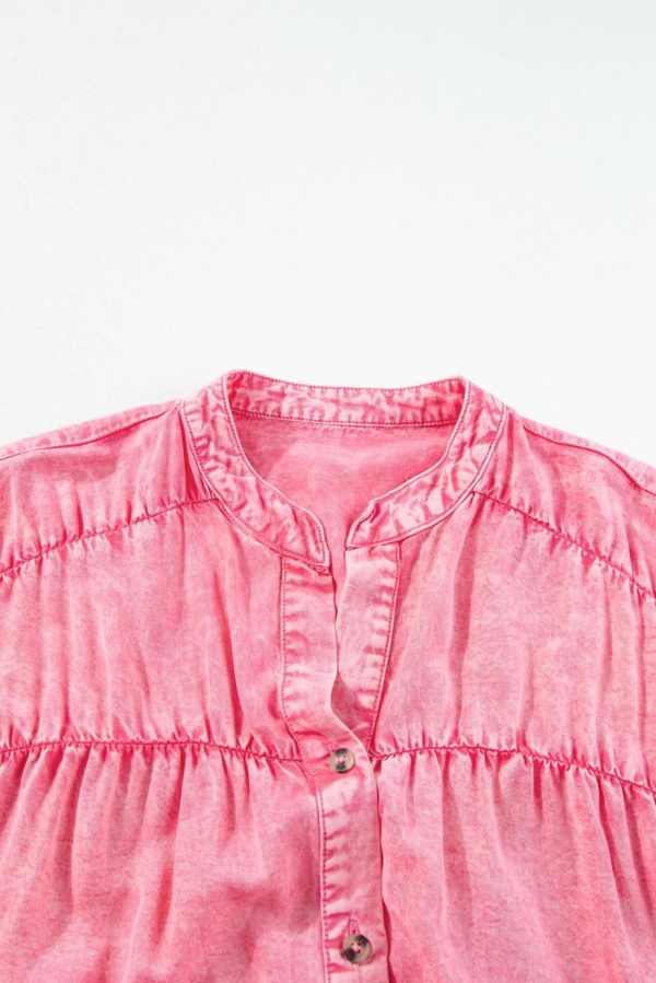 Short Dresses | Women Pink Washed Ruffle Short Sleeve Ruched Denim Mini Dress - Image 4