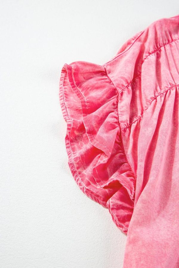 Short Dresses | Women Pink Washed Ruffle Short Sleeve Ruched Denim Mini Dress - Image 6