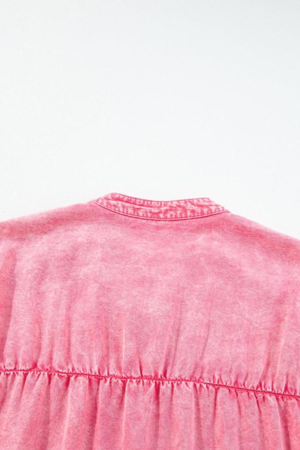 Short Dresses | Women Pink Washed Ruffle Short Sleeve Ruched Denim Mini Dress - Image 7