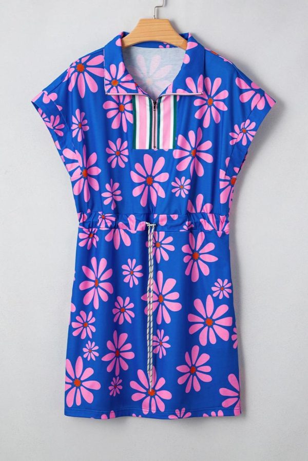 Short Dresses | Women Purple Pop Of Color Quarter Zip Collar Drawstring Waist Floral Mini Dress - Image 3