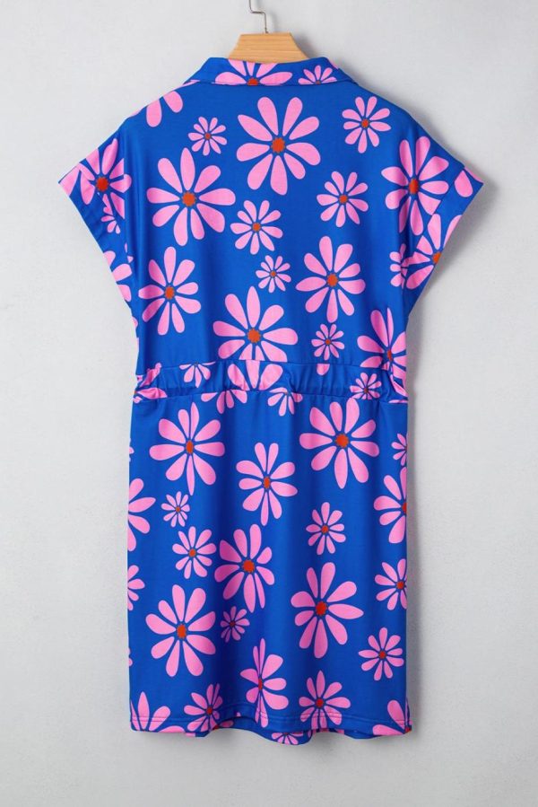 Short Dresses | Women Purple Pop Of Color Quarter Zip Collar Drawstring Waist Floral Mini Dress - Image 4