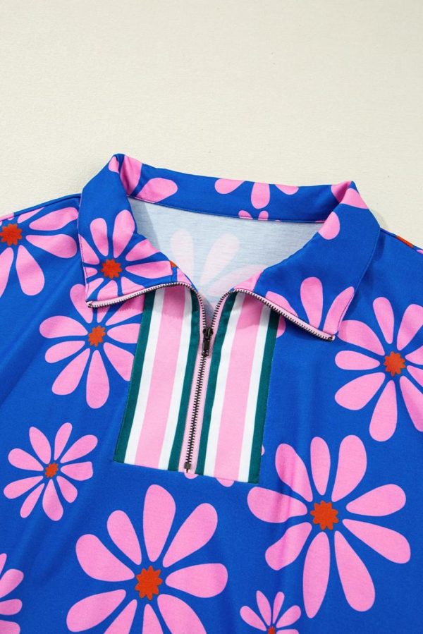 Short Dresses | Women Purple Pop Of Color Quarter Zip Collar Drawstring Waist Floral Mini Dress - Image 5