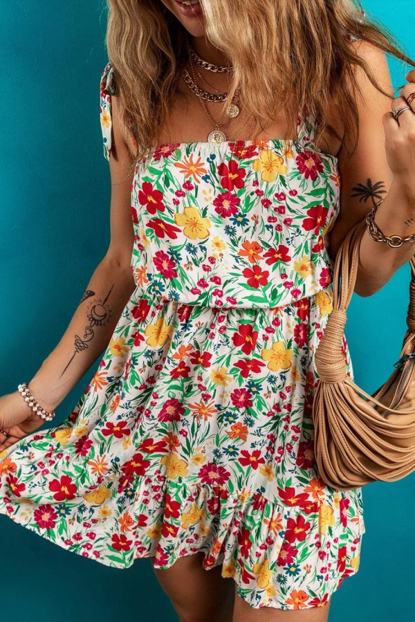 Short Dresses | Women Red Floral Print Knotted Strap Cinched Waist Ruffle Hem Mini Dress - Image 2