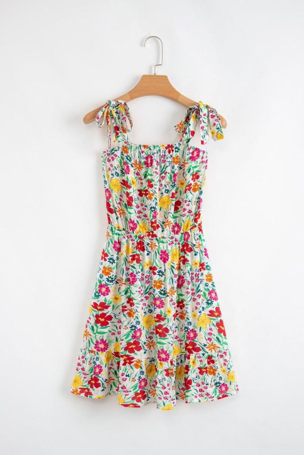 Short Dresses | Women Red Floral Print Knotted Strap Cinched Waist Ruffle Hem Mini Dress - Image 3