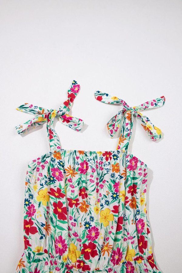 Short Dresses | Women Red Floral Print Knotted Strap Cinched Waist Ruffle Hem Mini Dress - Image 5