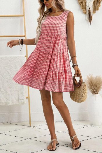 Short Dresses | Women Red Gingham High Waist Sleeveless Mini Dress