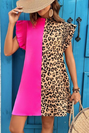 Short Dresses | Women Rose Red Leopard Contrast Patchwork Ruffled Sleeve Short Shift Dress