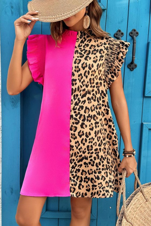 Short Dresses | Women Rose Red Leopard Contrast Patchwork Ruffled Sleeve Short Shift Dress