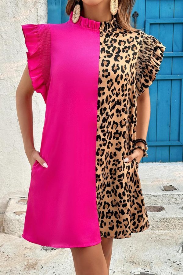 Short Dresses | Women Rose Red Leopard Contrast Patchwork Ruffled Sleeve Short Shift Dress - Image 3