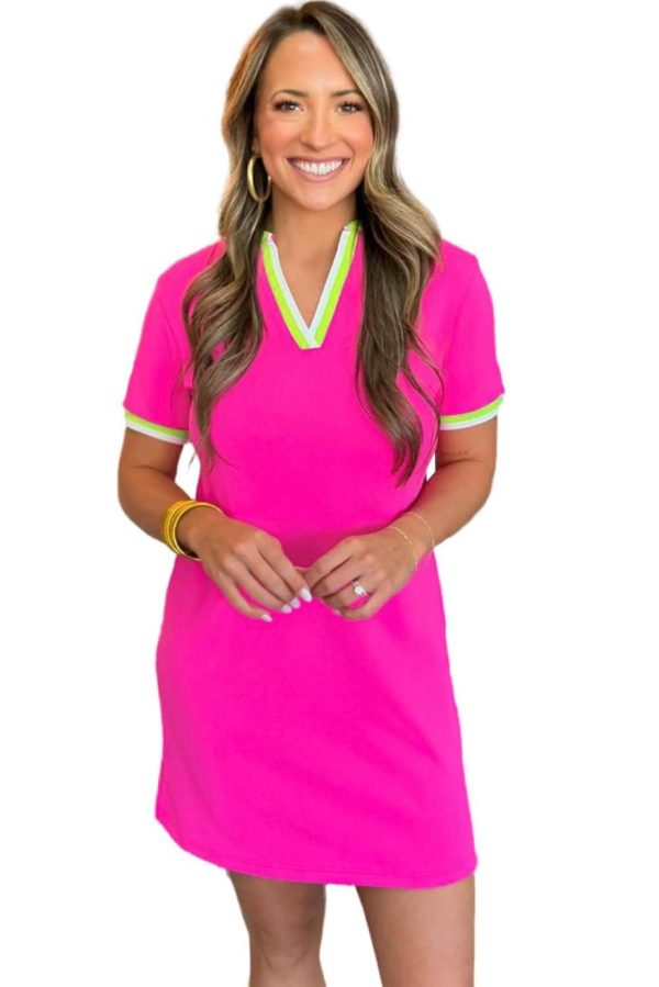 Short Dresses | Women Rose Red Pop Of Color Neckline T-Shirt Dress - Image 7
