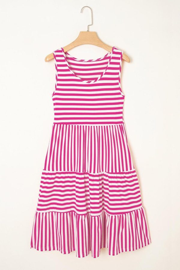 Short Dresses | Women Rose Stripe U Neck Sleeveless Loose Fit Mini Dress