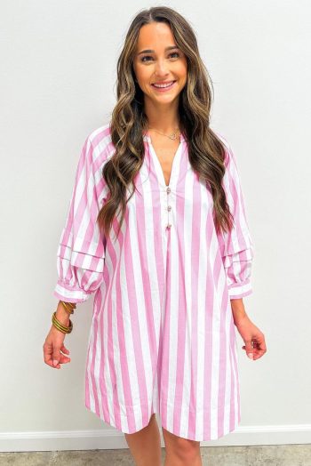 Short Dresses | Women Rose Striped Long Sleeve Buttons Loose Mini Dress