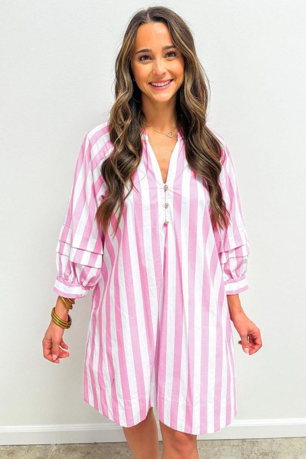 Short Dresses | Women Rose Striped Long Sleeve Buttons Loose Mini Dress