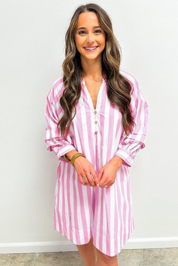 Short Dresses | Women Rose Striped Long Sleeve Buttons Loose Mini Dress - Image 2