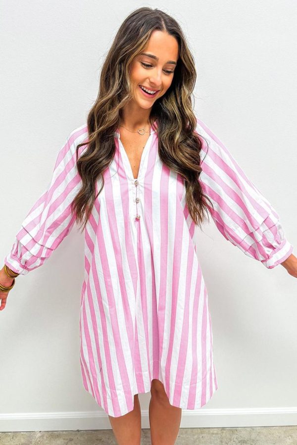 Short Dresses | Women Rose Striped Long Sleeve Buttons Loose Mini Dress - Image 3