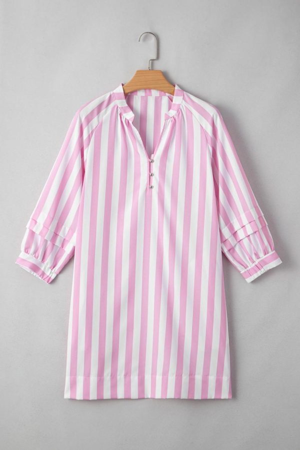 Short Dresses | Women Rose Striped Long Sleeve Buttons Loose Mini Dress - Image 4