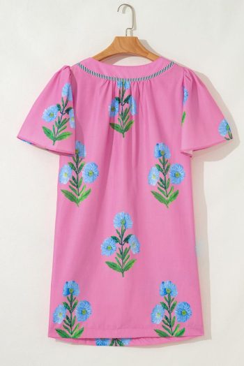 Short Dresses | Women Rose Striped Trim Short Sleeve Split Neck Floral Mini Dress