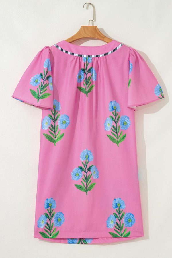 Short Dresses | Women Rose Striped Trim Short Sleeve Split Neck Floral Mini Dress