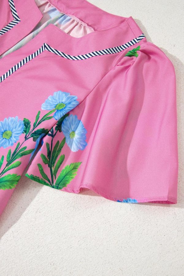 Short Dresses | Women Rose Striped Trim Short Sleeve Split Neck Floral Mini Dress - Image 5