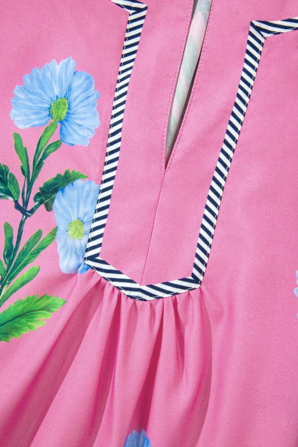 Short Dresses | Women Rose Striped Trim Short Sleeve Split Neck Floral Mini Dress - Image 6