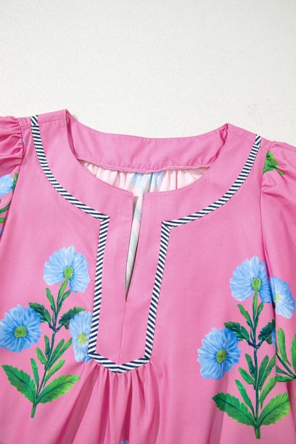 Short Dresses | Women Rose Striped Trim Short Sleeve Split Neck Floral Mini Dress - Image 7