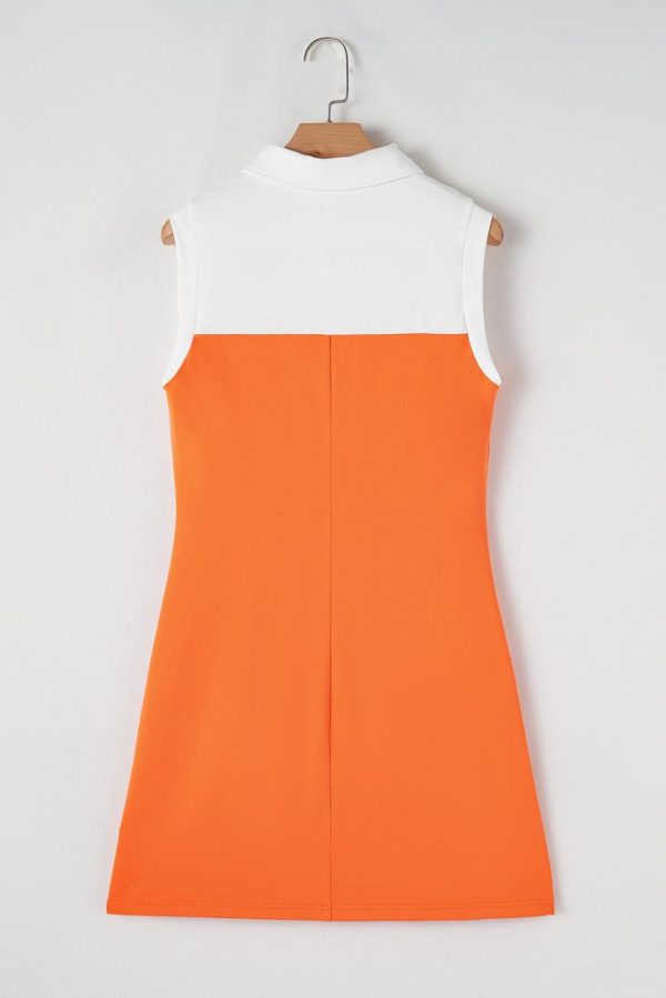 Short Dresses | Women Russet Orange Colorblock Quarter Zip Collared Athletic Mini Dress - Image 5