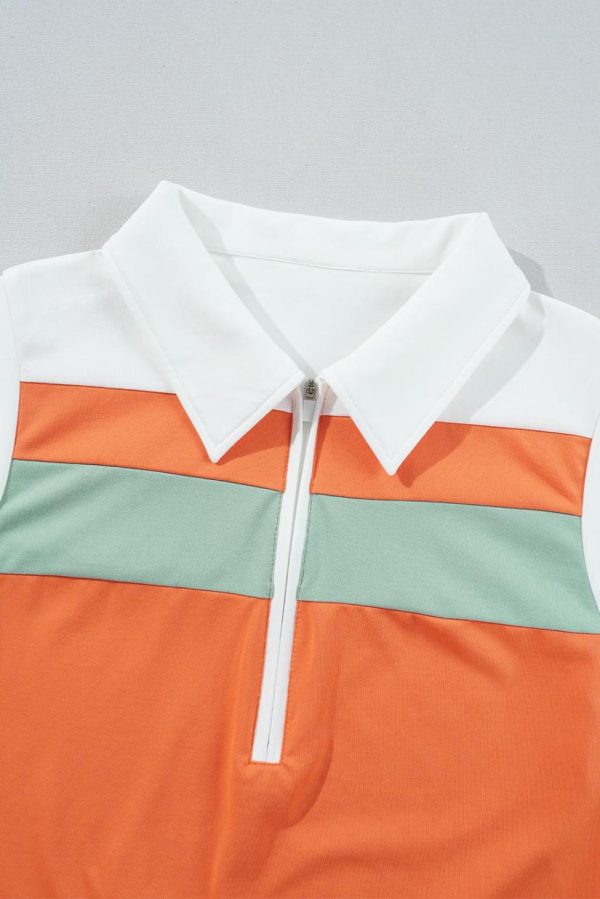 Short Dresses | Women Russet Orange Colorblock Quarter Zip Collared Athletic Mini Dress - Image 6