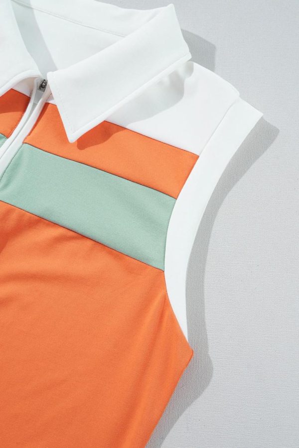 Short Dresses | Women Russet Orange Colorblock Quarter Zip Collared Athletic Mini Dress - Image 7