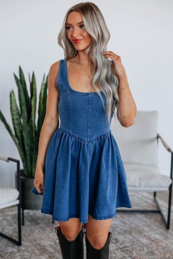 Short Dresses | Women Sail Blue Bowknot A-Line Sleeveless Denim Dress