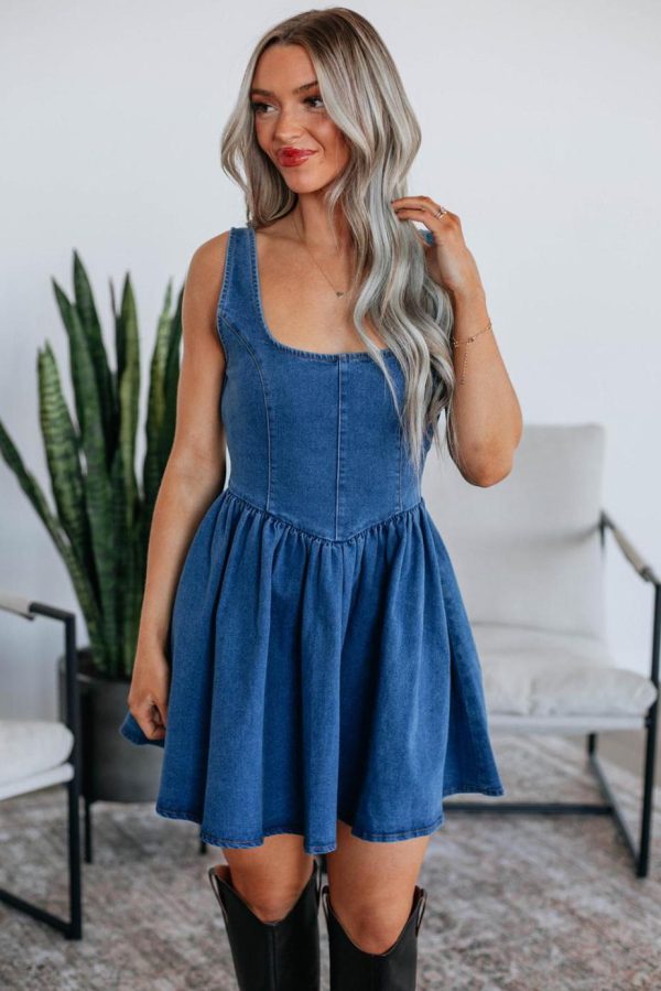 Short Dresses | Women Sail Blue Bowknot A-Line Sleeveless Denim Dress