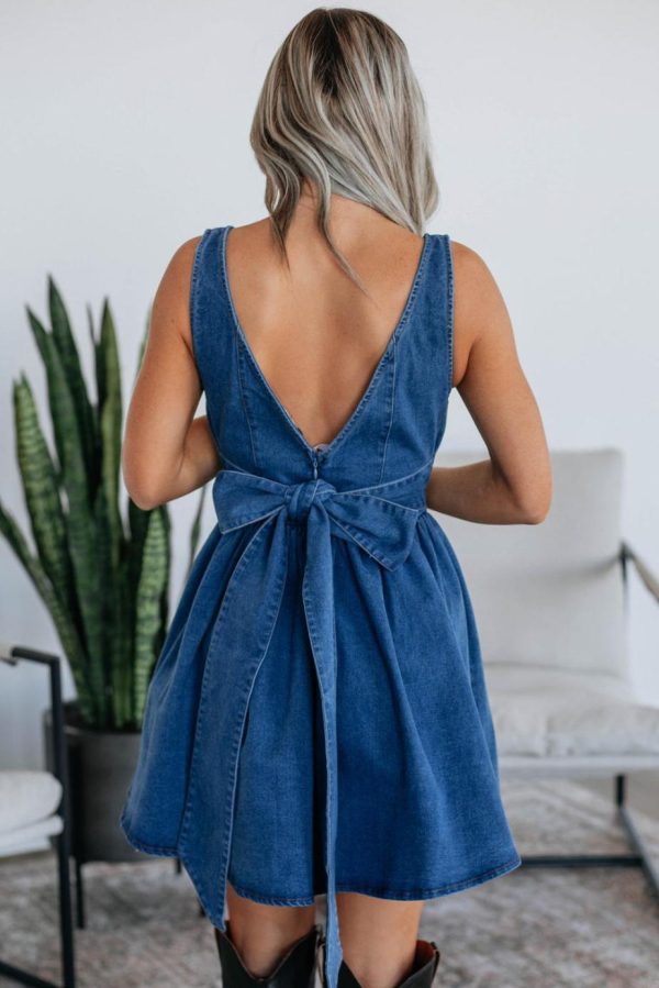Short Dresses | Women Sail Blue Bowknot A-Line Sleeveless Denim Dress - Image 2