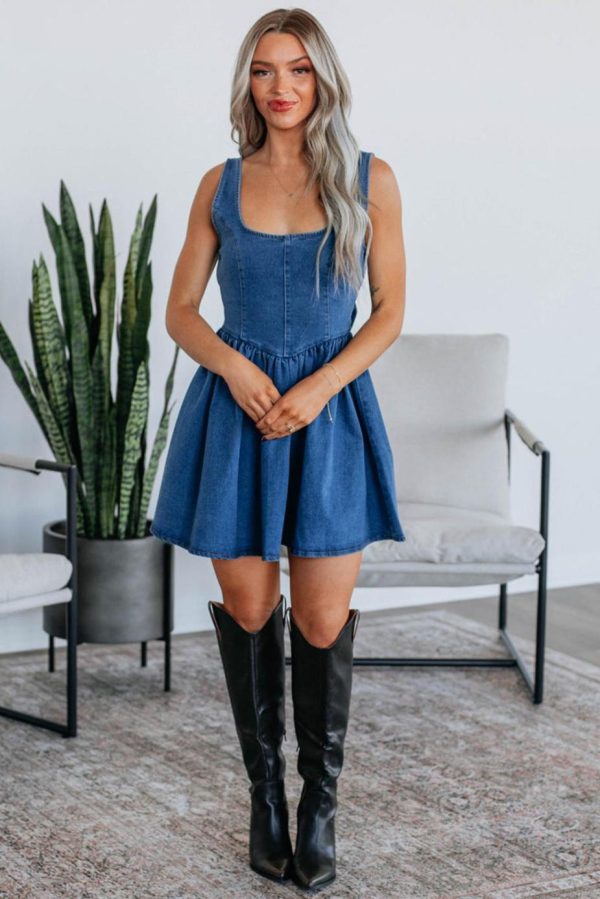 Short Dresses | Women Sail Blue Bowknot A-Line Sleeveless Denim Dress - Image 3