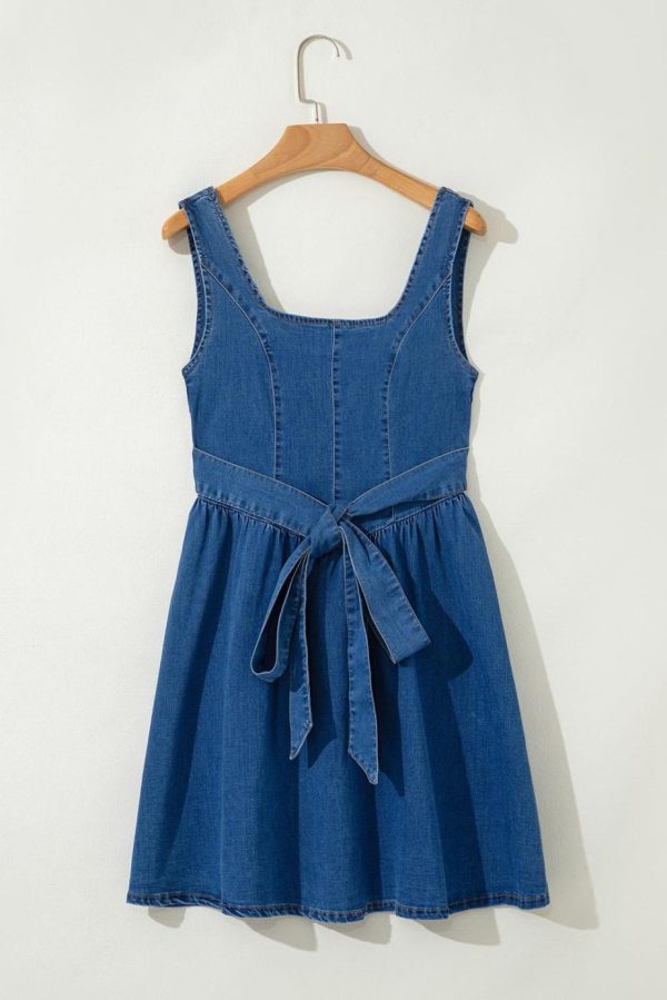 Short Dresses | Women Sail Blue Bowknot A-Line Sleeveless Denim Dress - Image 4
