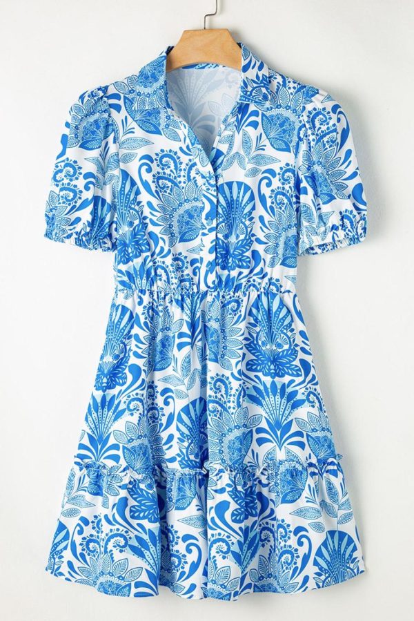 Short Dresses | Women Sky Blue Boho Floral Print Frill Tiered Mini Dress - Image 2