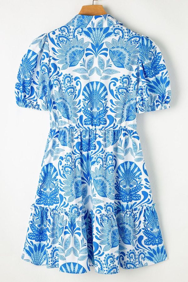 Short Dresses | Women Sky Blue Boho Floral Print Frill Tiered Mini Dress - Image 3