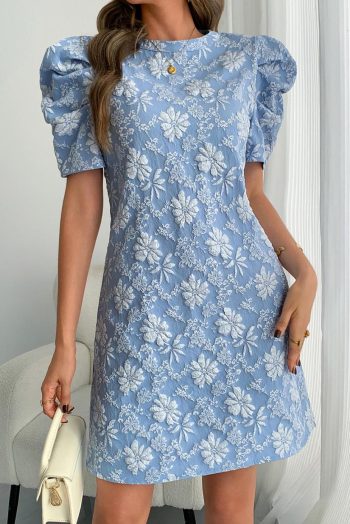 Short Dresses | Women Sky Blue Floal Jacquard Elegant Mini Dress