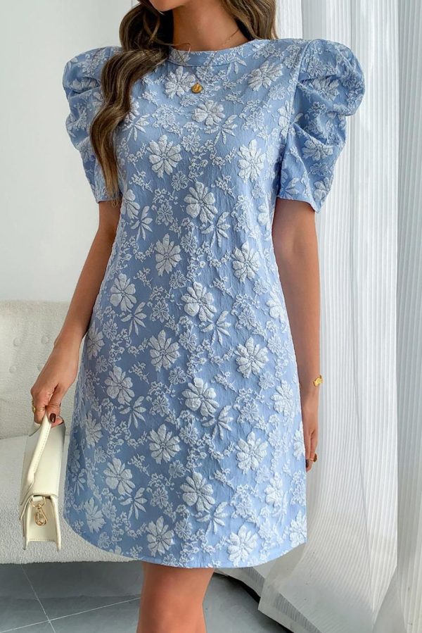 Short Dresses | Women Sky Blue Floal Jacquard Elegant Mini Dress - Image 2