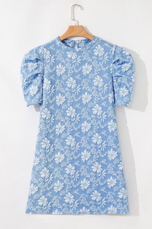 Short Dresses | Women Sky Blue Floal Jacquard Elegant Mini Dress - Image 3