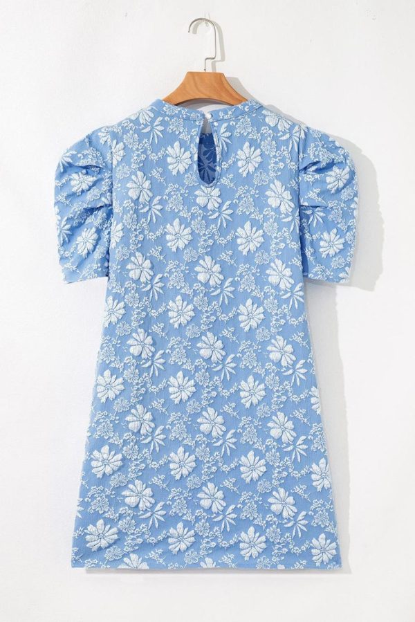 Short Dresses | Women Sky Blue Floal Jacquard Elegant Mini Dress - Image 4