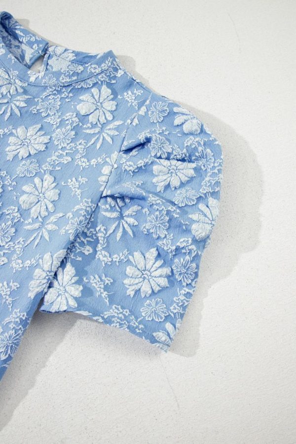 Short Dresses | Women Sky Blue Floal Jacquard Elegant Mini Dress - Image 7