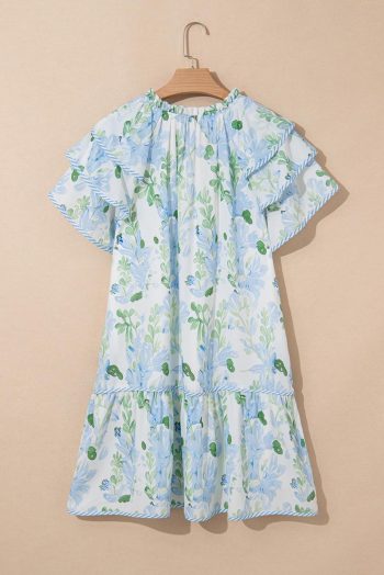 Short Dresses | Women Sky Blue Floral Contrast Edge Ruffle Sleeve Tie Neck Mini Dress